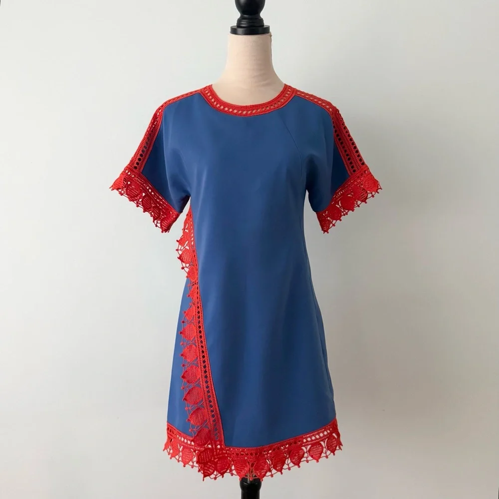 Tory Burch Marissa Runway Blue & Redish Orange Lace Shift Dress Size 2 💙 - Picture 1 of 14
